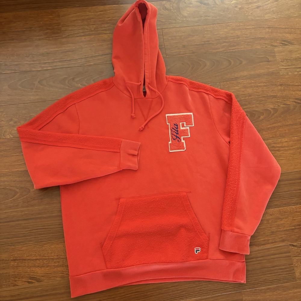 FILA Vintage Mens Red Hoodie Terry Cloth Varsity Logo Spellout Y2K Pullover XL